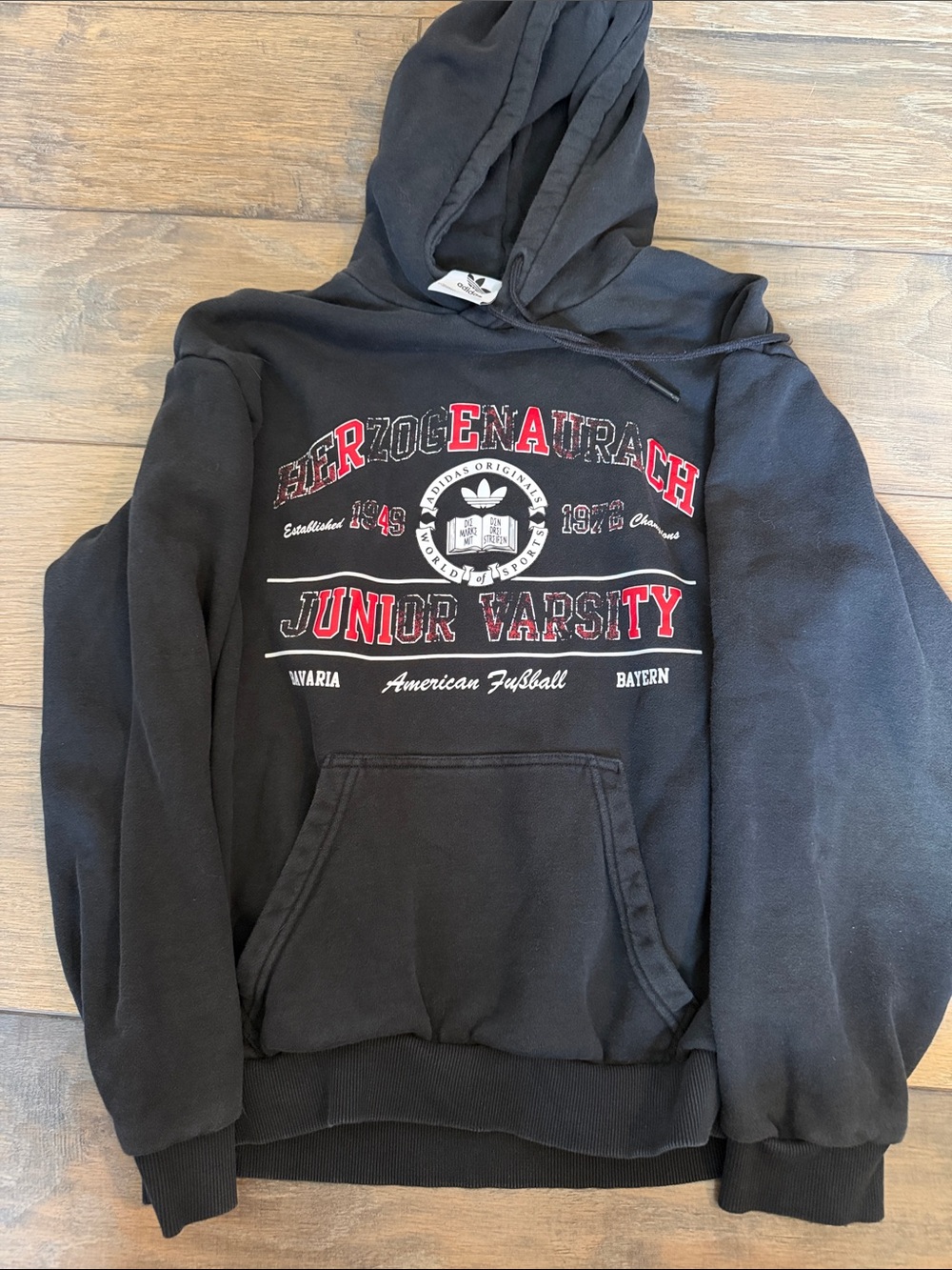adidas Black Crewneck Hoodie with Red Varsity Graphic